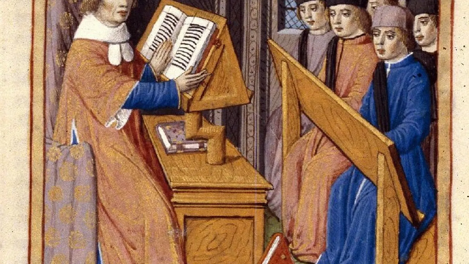 Servius teaching the pastoral arts, a miniature from the Georgics, France, 15th century