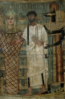 Painted Shroud with the Deceased Between Anubis and Osiris Roman Egypt (c. 180 C.E.) Pigment on Linen Ägyptisches Museum, Staatliche Museen zu Berlin, Berlin, Germany