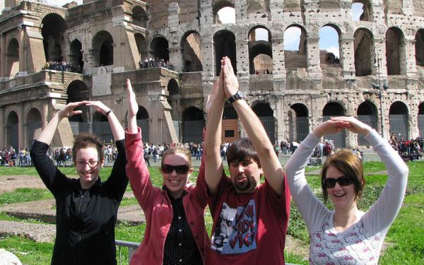 Students doing O-H-I-O in front of Colliseum