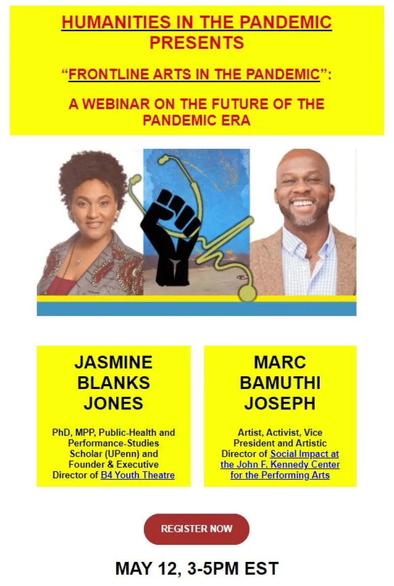 Flyer for Frontline Arts in the Pandemic A Webinar on the Future of the Pandemic
