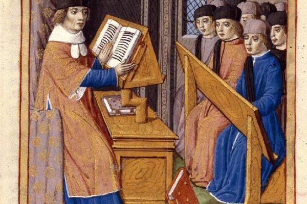 Servius teaching the pastoral arts, a miniature from the Georgics, France, 15th century